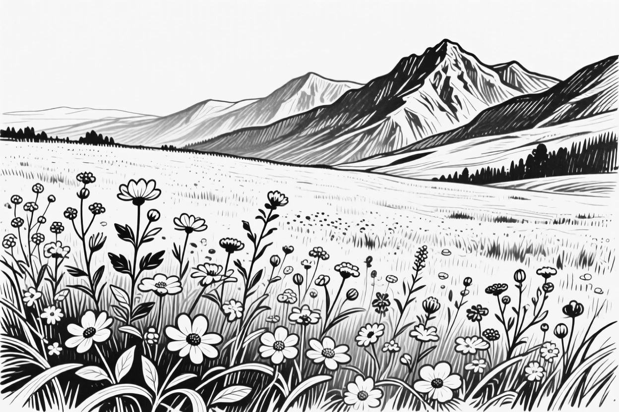 A quiet meadow blanketed in wildflowers beneath a distant mountain range.