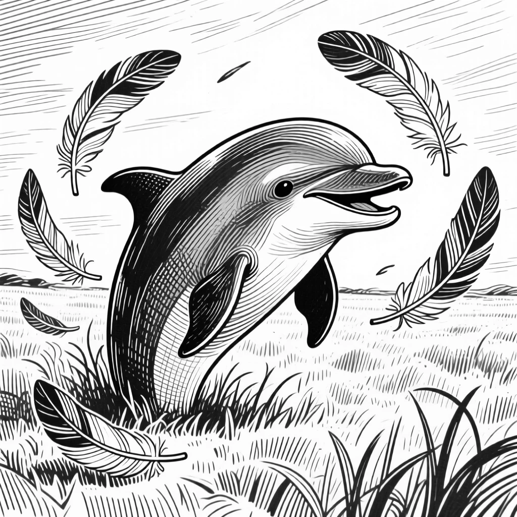 A playful dolphin in a sunlit meadow, feathers fanned in fine detail, capturing a playful and lighthearted moment in nature with a strong, centered focal point.
