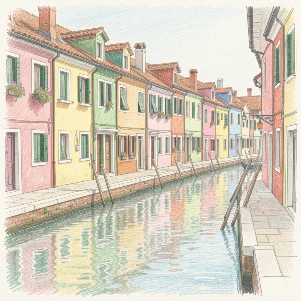The colorful houses of Burano lining a quiet canal, with reflections shimmering on calm water nearby, capturing the timeless charm of a beloved destination.