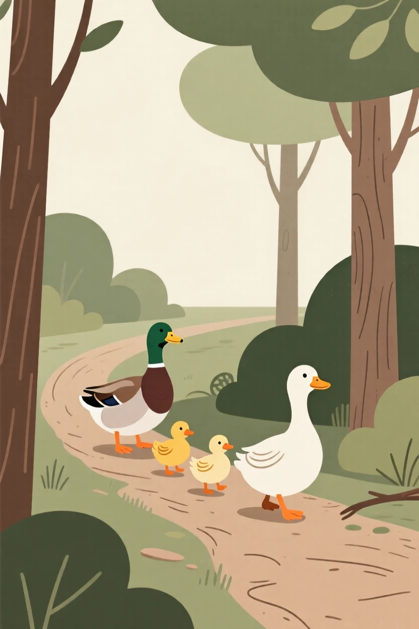 A family of ducks walking together along a quiet forest trail.