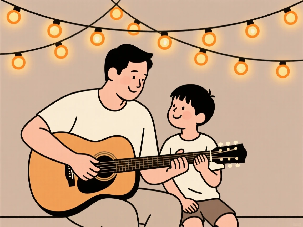 A portrait of a father and son playing an instrument near warm string lights, filled with warm connection.