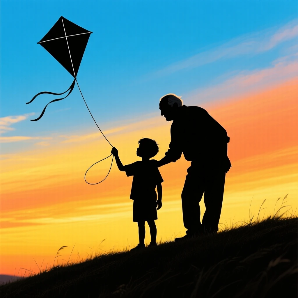 A young boy and his grandfather flying a kite together on a windy hillside.