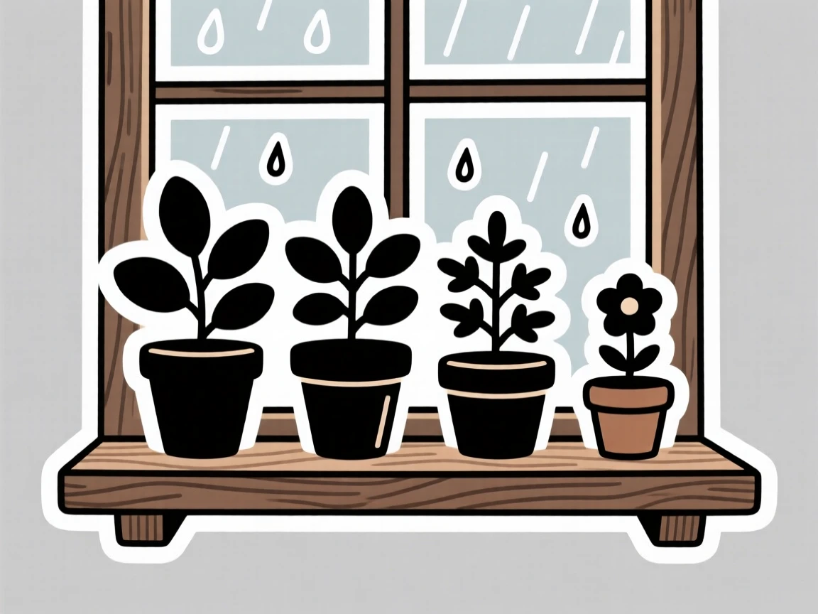 A cozy small potted herb garden on a windowsill, placed on a wooden tray with a small flower, on a quiet rainy afternoon.