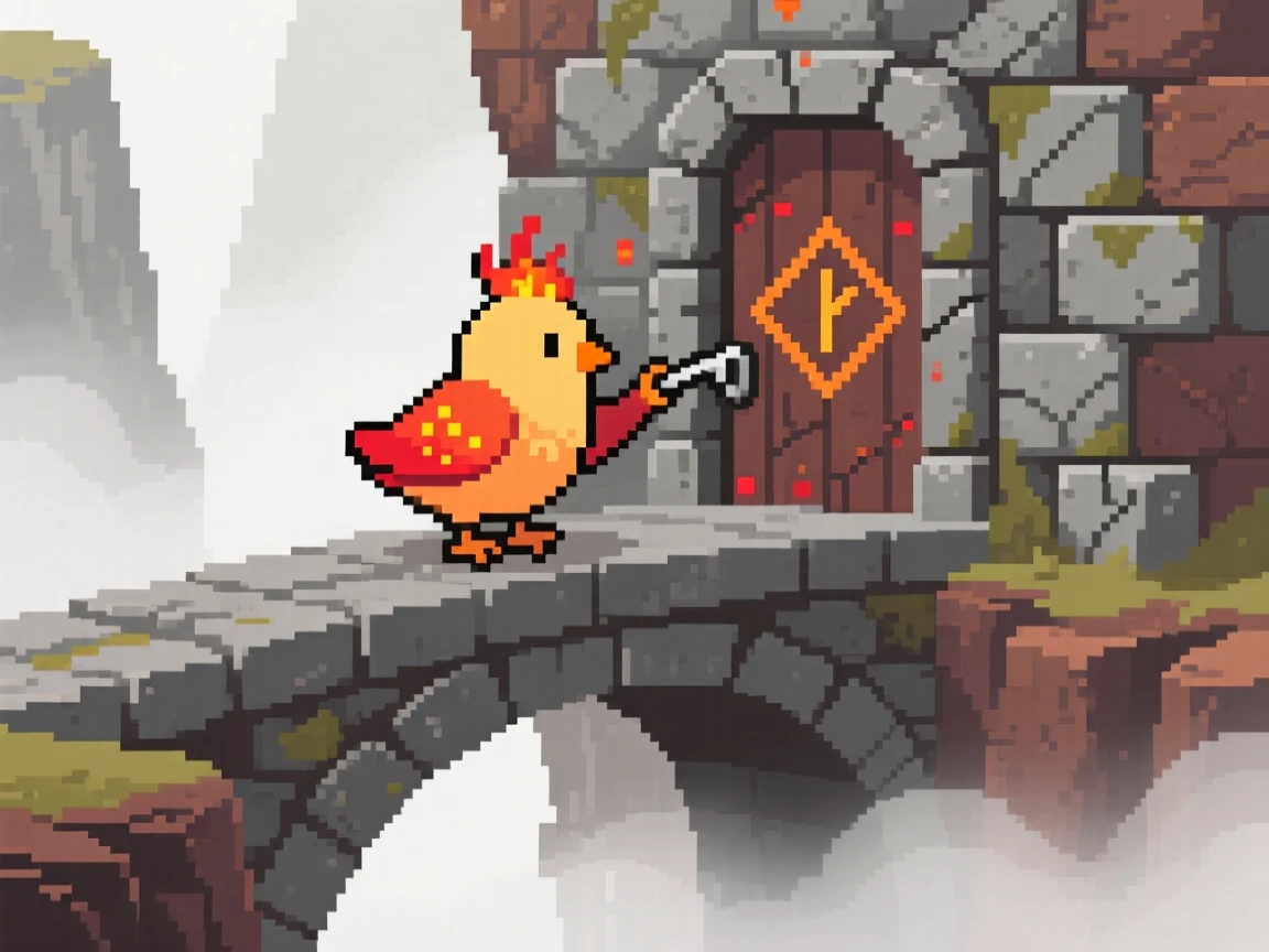 A phoenix chick with tiny embers for feathers carving a rune into an old stone door, on a stone bridge over a misty ravine.