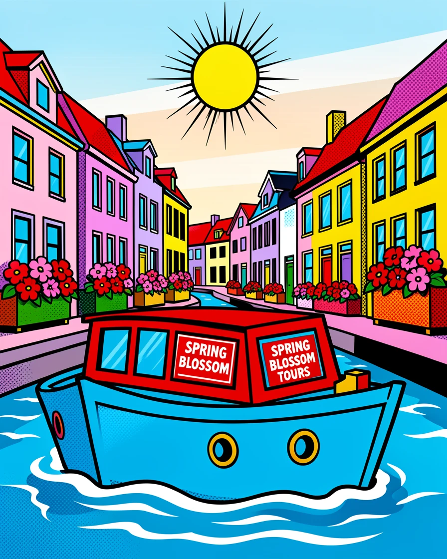A canal boat drifting past flower-lined houses in a quiet European town