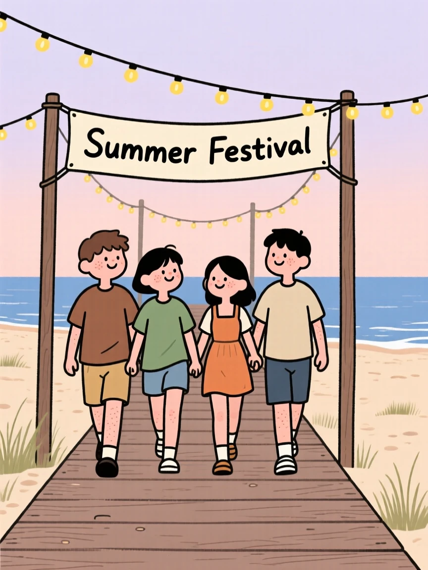 A group of friends link arms and walk down a seaside boardwalk lined with string lights overhead, heading toward a summer festival.