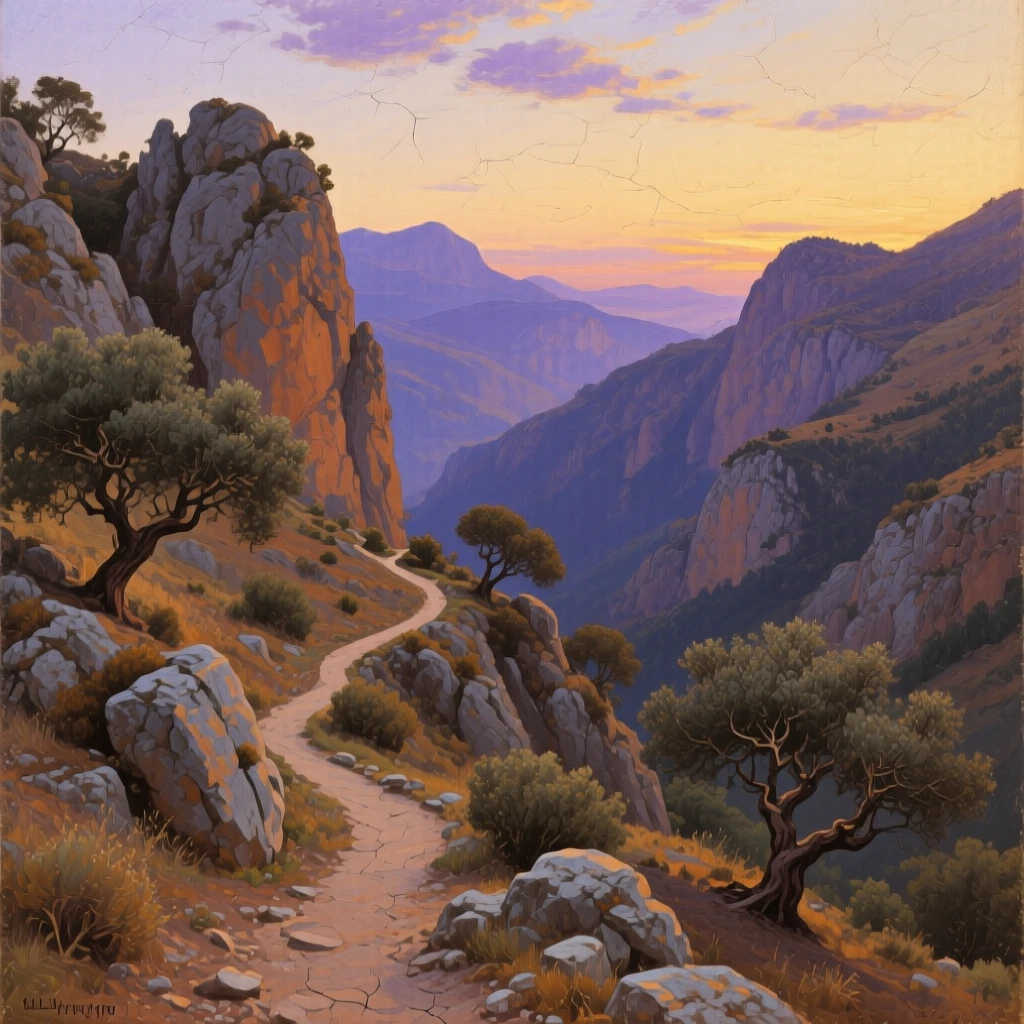 A panoramic view of a rugged mountain pass with a narrow trail winding upward, at dusk, in Andalusia.