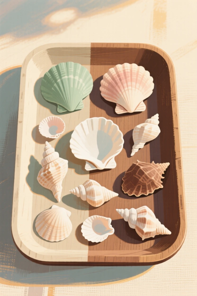 A collection of seashells arranged by size and shape on a wooden tray