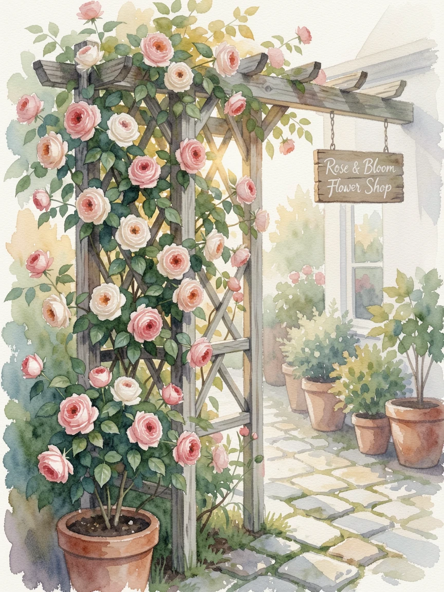 A garden trellis covered in climbing roses in a charming flower shop.