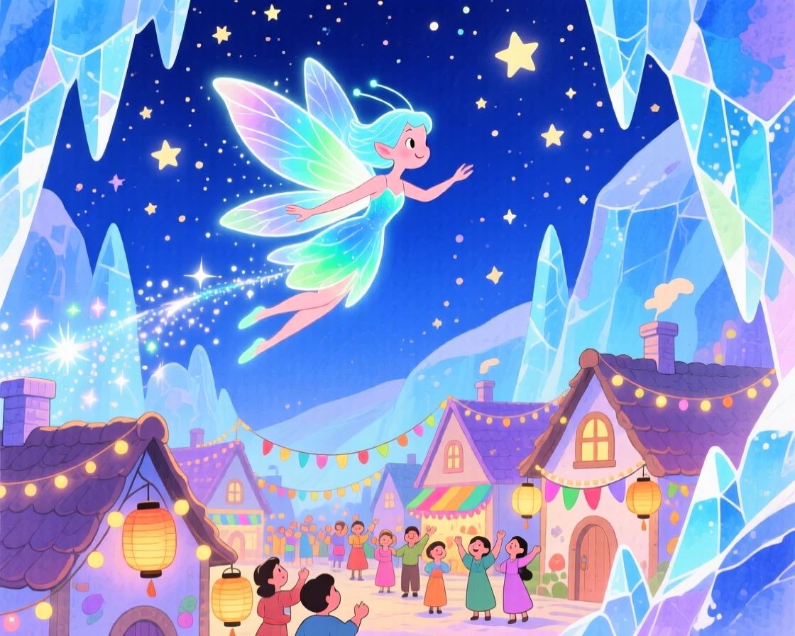 A luminous water sprite soaring above a village during a starlit festival, in a sparkling ice cave, brimming with magical warmth and beauty.