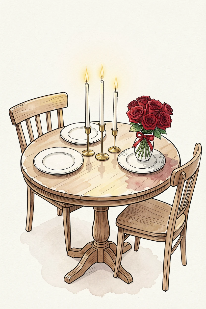 A Valentine's Day table set with candles and a small bouquet of red roses