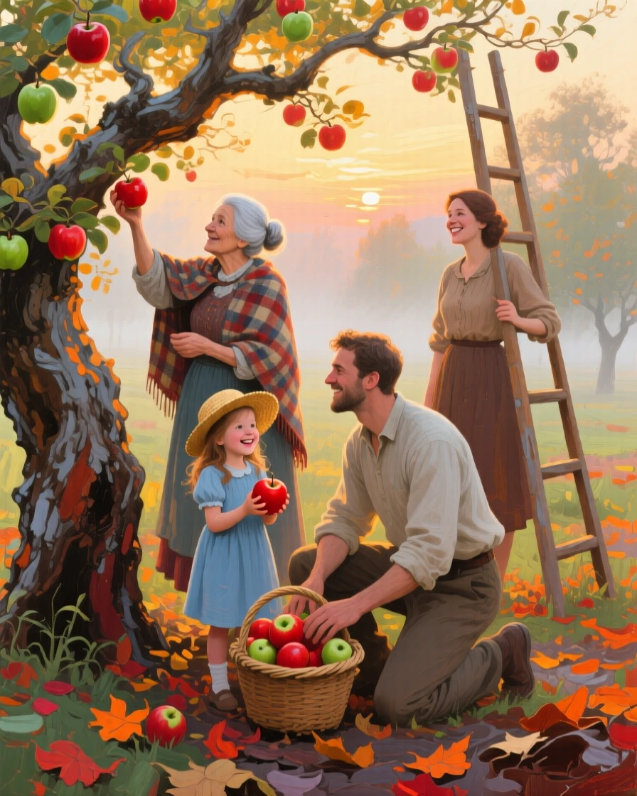 a family gathering apples in an old orchard, at sunrise, from an inviting eye-level viewpoint.
