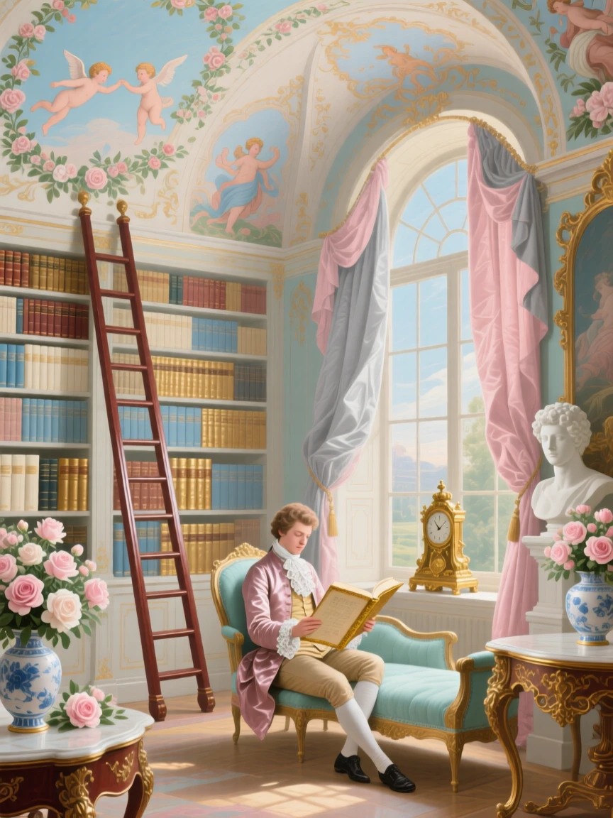 A library with painted ceilings, rolling ladders, and a young scholar reading by a window  