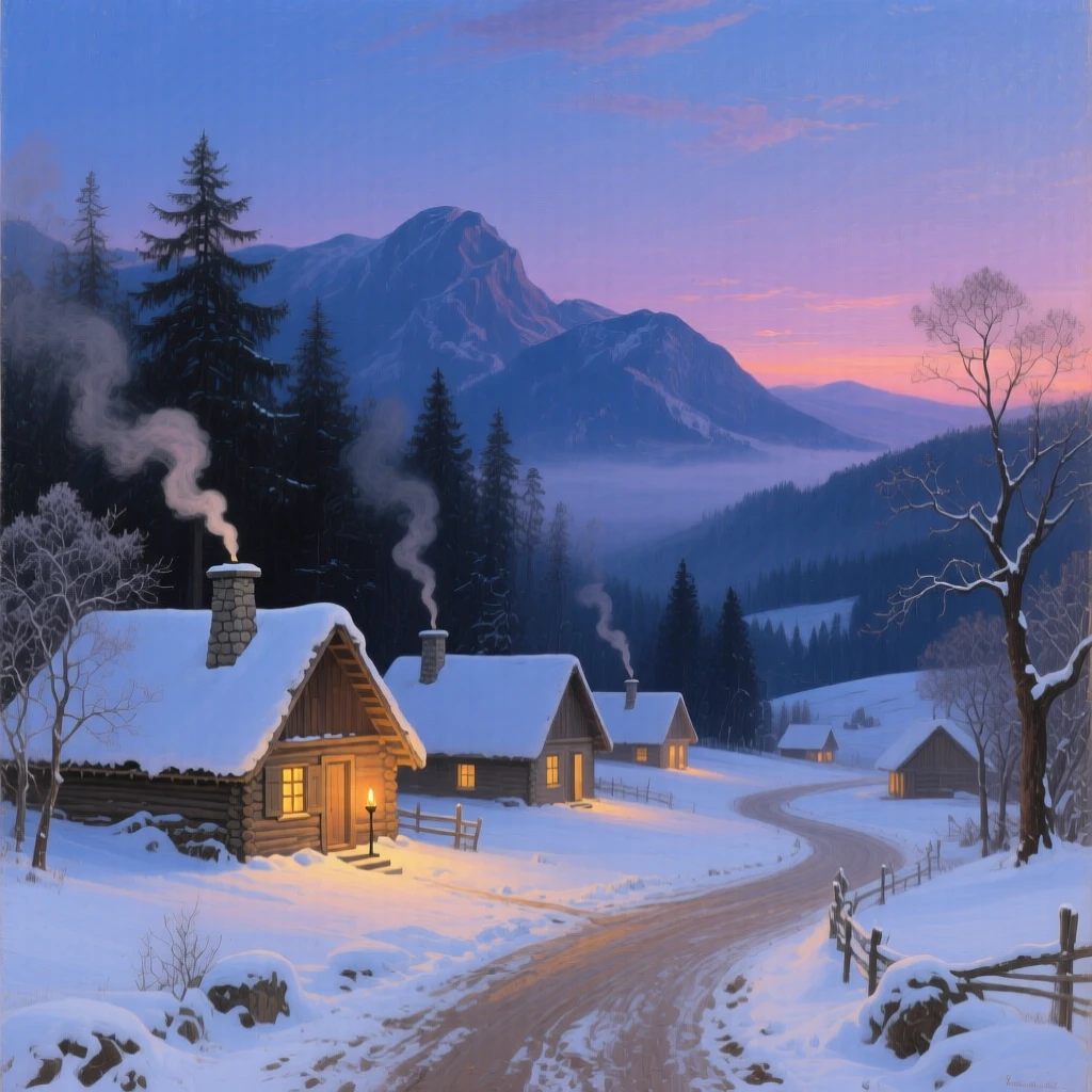 Smoke rises from chimneys in a snow-covered village at twilight.
