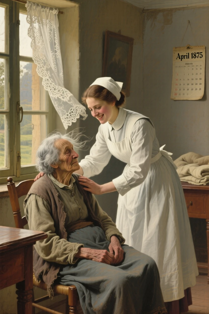 A nurse comforting an elderly patient with a gentle, reassuring smile, as a gentle breeze catches loose strands of hair, designed to resonate emotionally with viewers of any background