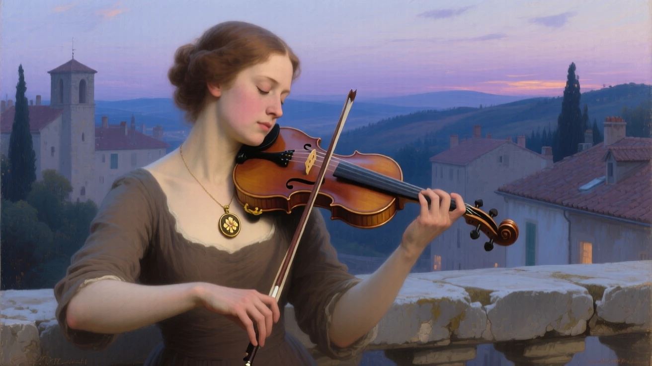 A violinist pausing mid-performance, eyes closed in concentration holding perfectly still in contemplative silence, set on a stone balcony overlooking a quiet town at dusk, with a cherished heirloom locket resting against her collarbone; the hands are given equal storytelling weight alongside the face, radiating warmth, humility, and lived experience.