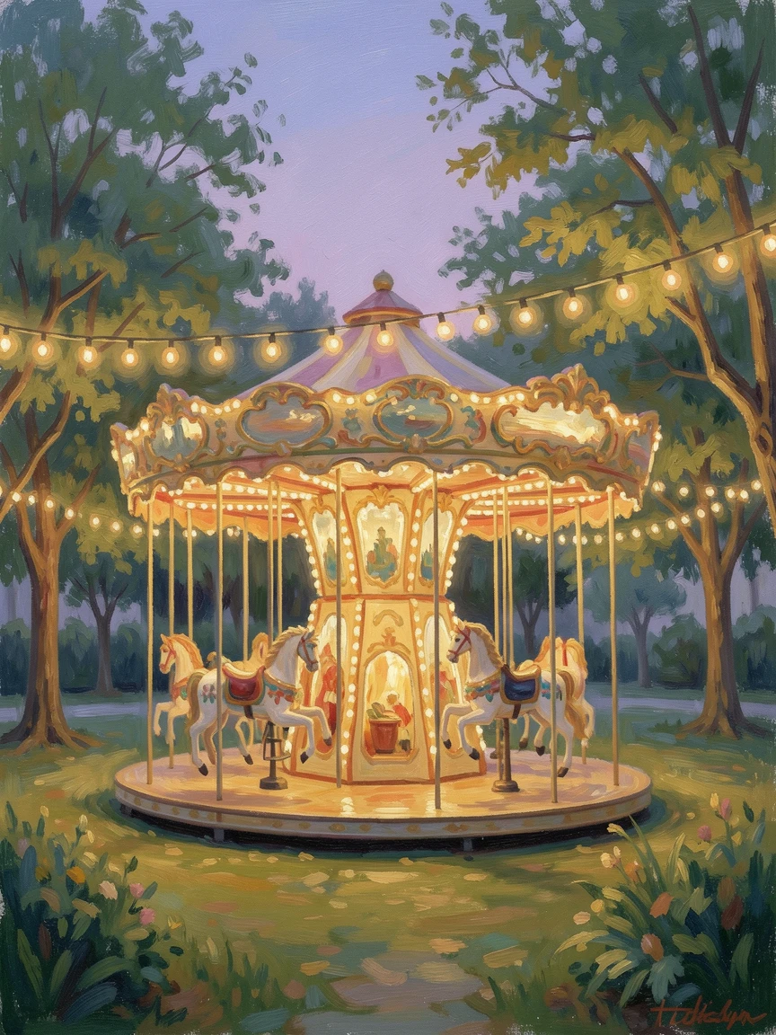 An old-fashioned carousel turning at dusk in a park filled with glowing string lights.