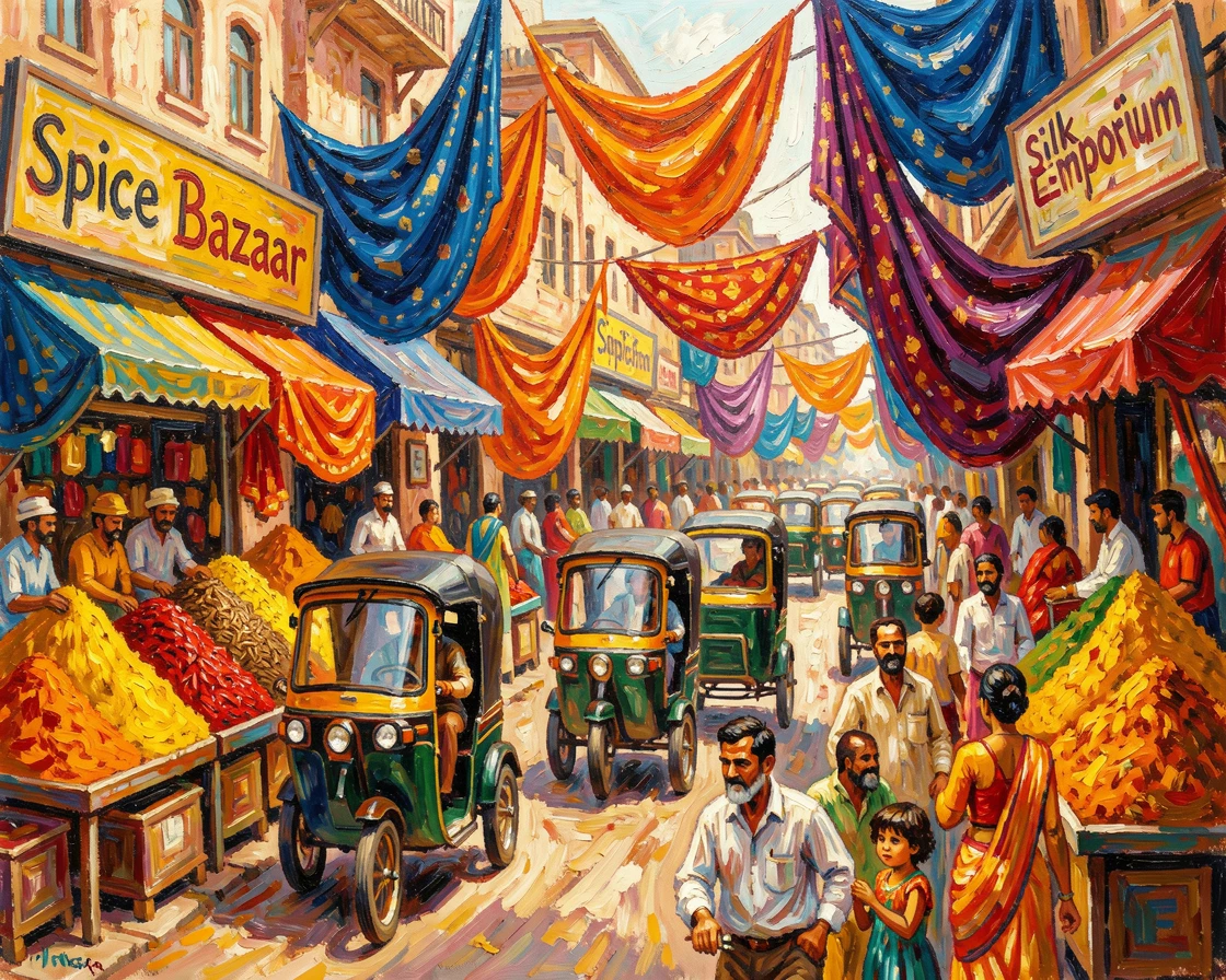 A busy street in old Delhi filled with rickshaws, spice stalls, and draped silk.