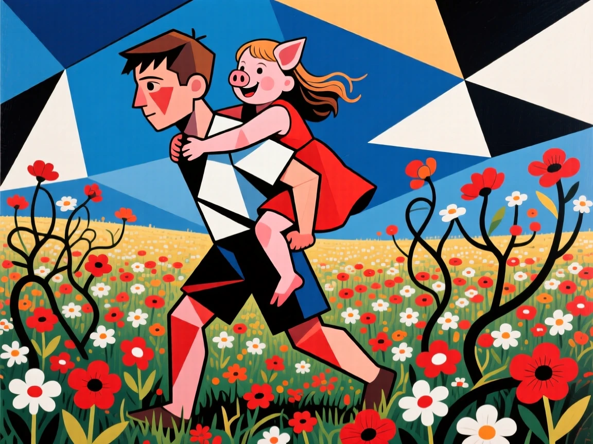 A young boy giving his little sister a piggyback ride through a wildflower meadow.
