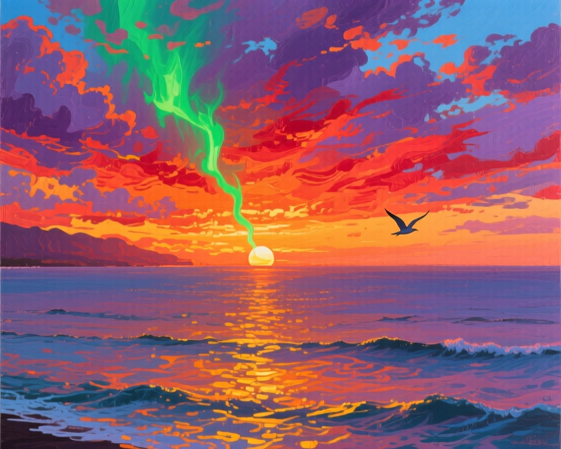 A dramatic sky shows a rare green flash at the exact moment the sun dips below the ocean horizon in Hawaii, calm water glowing gold, the silence broken only occasionally by the call of a bird crossing the open sky.