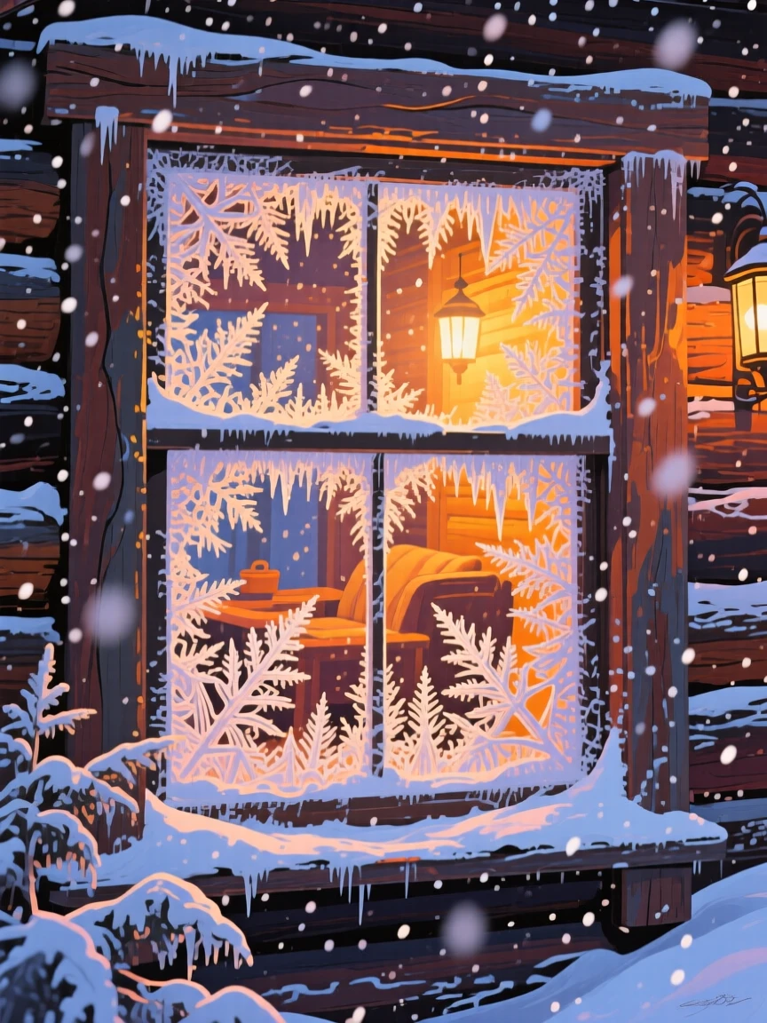 A cozy cabin window frosted with intricate ice patterns, warm light glowing from within during a snowstorm
