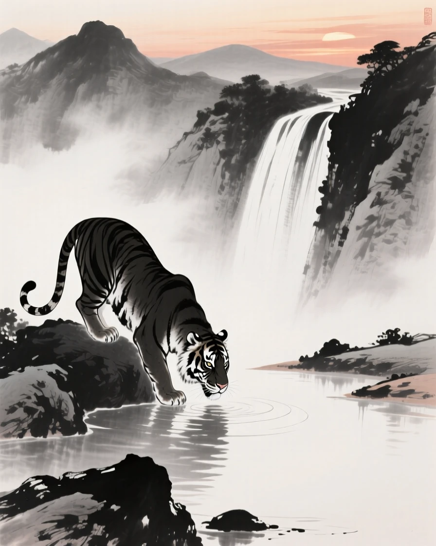 A tiger drinks from a quiet mountain pool at dusk, while a waterfall roars faintly in the background.