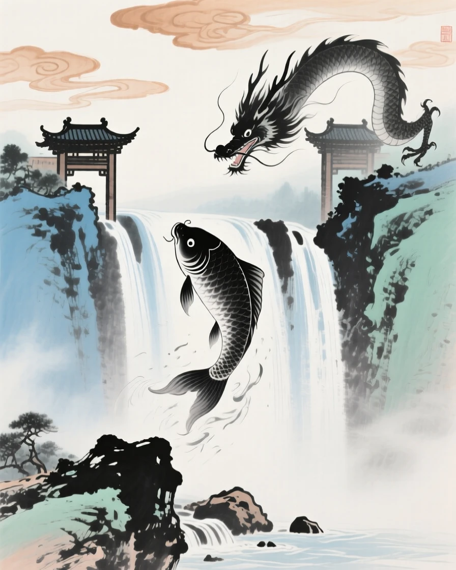 A legendary carp leaping through a waterfall gate to become a dragon, beneath low hanging clouds, filled with tranquil stillness.