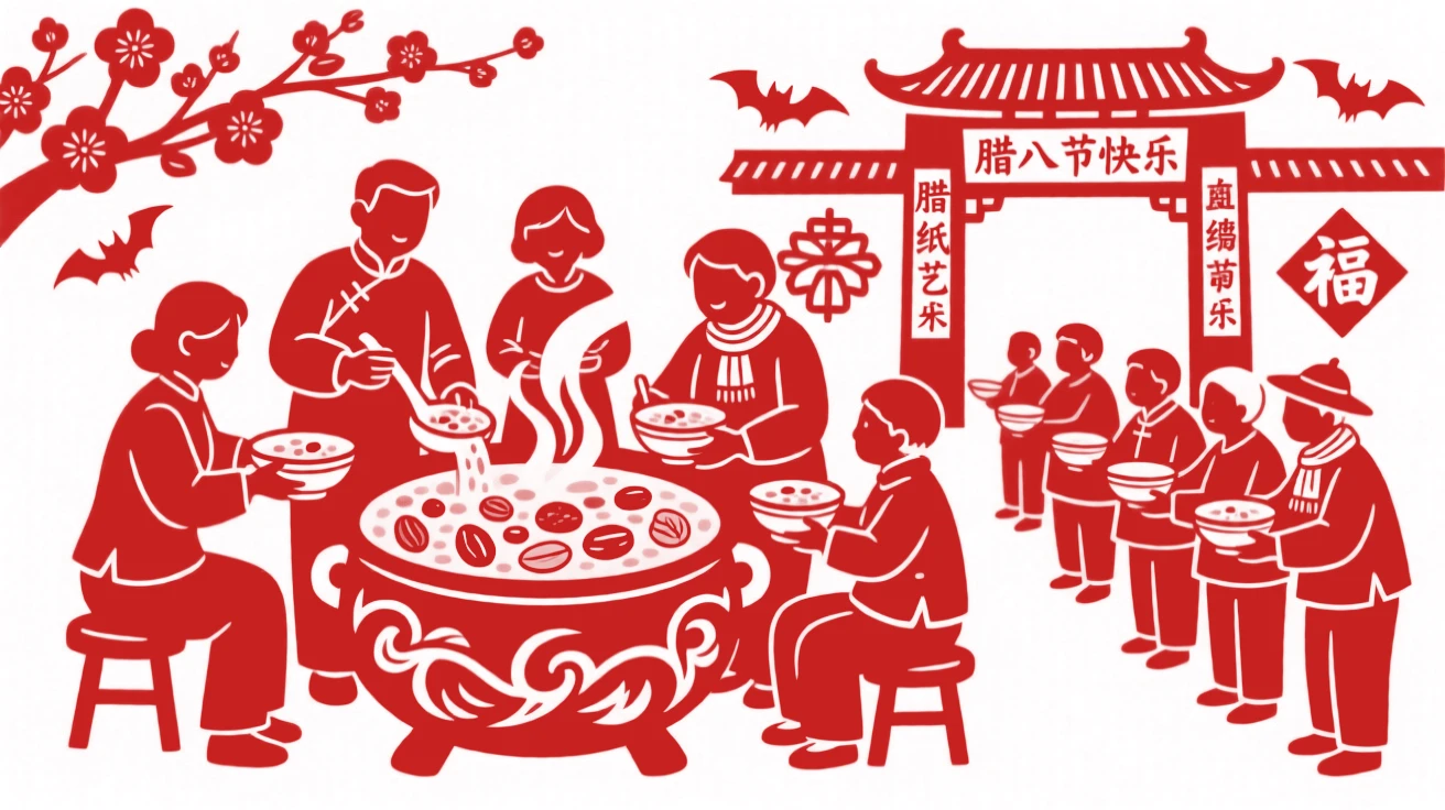 A Laba Festival scene of a family ladling porridge from a great steaming pot filled with beans, nuts, and dried fruit, neighbors lining up with bowls outside a temple gate
