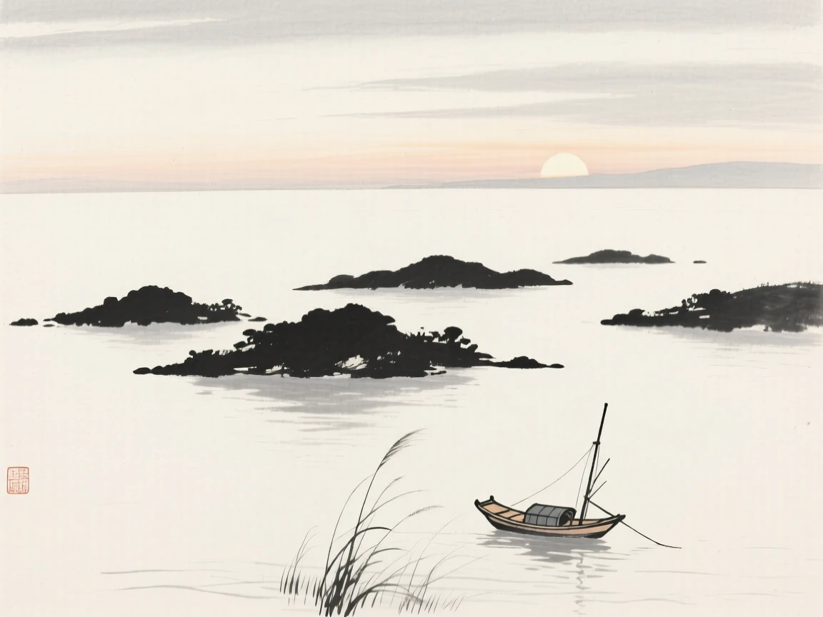 A cluster of small islands scattered across a calm bay in the stillness just before sunrise, composed with wide open space above to emphasize the scale of the sky, with a small fishing boat anchored near the reeds, suggesting the quiet vastness of the natural world.
