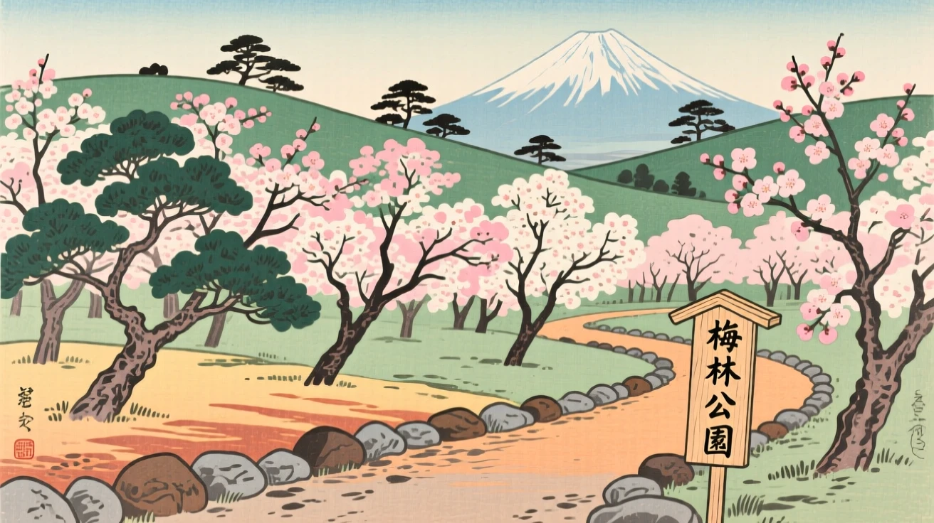 A blossoming plum orchard, bordered by carefully placed stones.