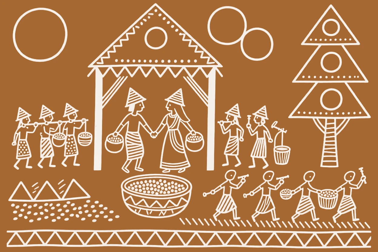 A wedding ceremony celebrated as farmers bring the first grains of the harvest to be blessed.