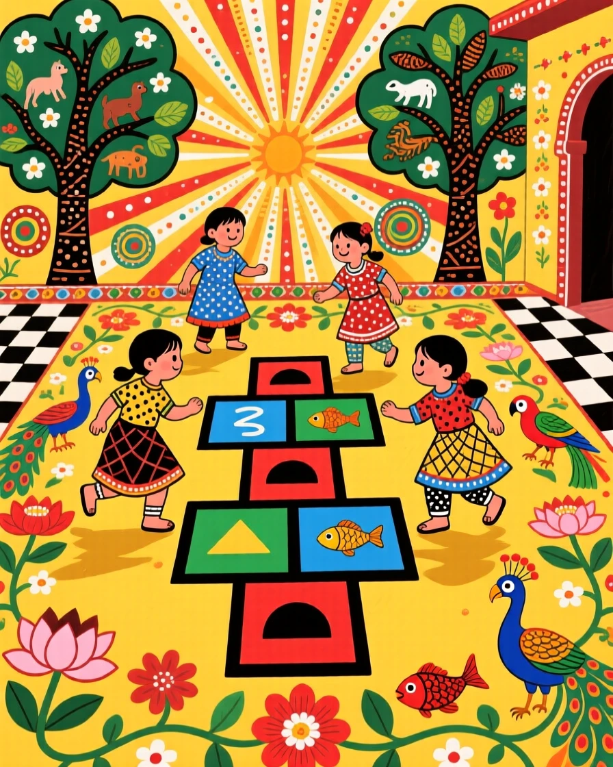 Children playing hopscotch on a sunlit courtyard floor.
