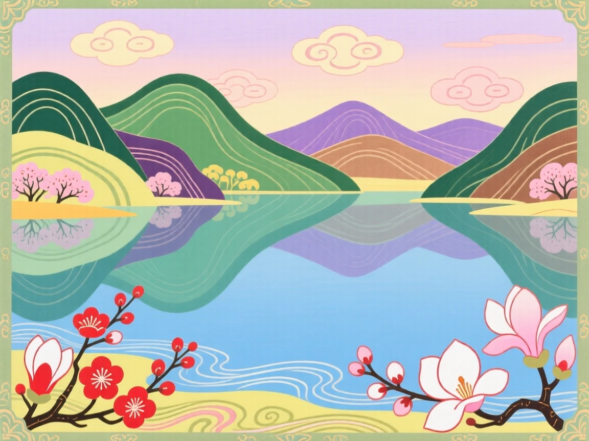 A sweeping view of a quiet lake reflecting the mountains in the soft light of early spring.