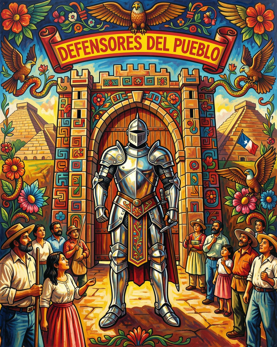 A knight in ceremonial armor standing before a castle gate