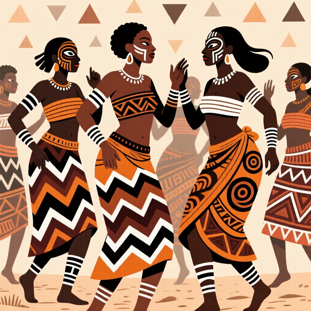 A group of women dressed in matching wrap skirts for a festival.