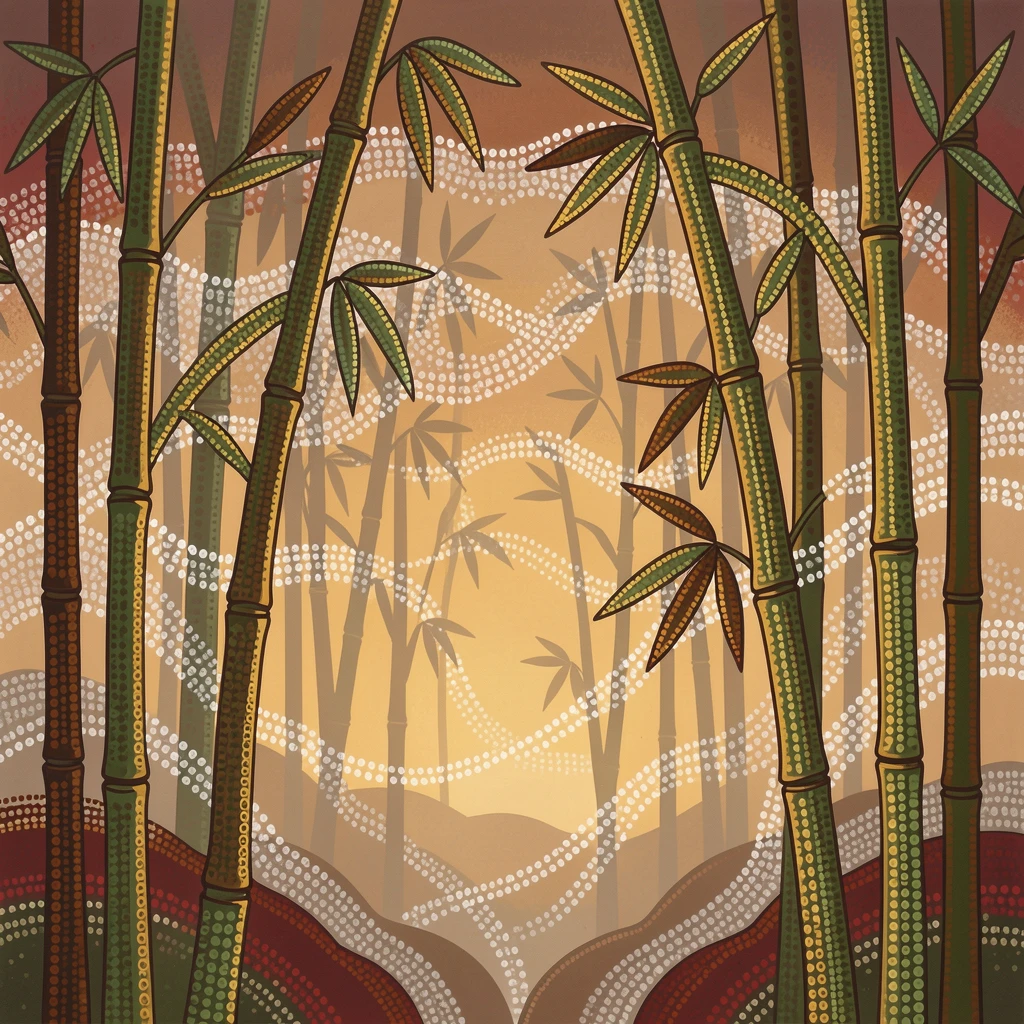 A misty bamboo forest lit by the last light of day