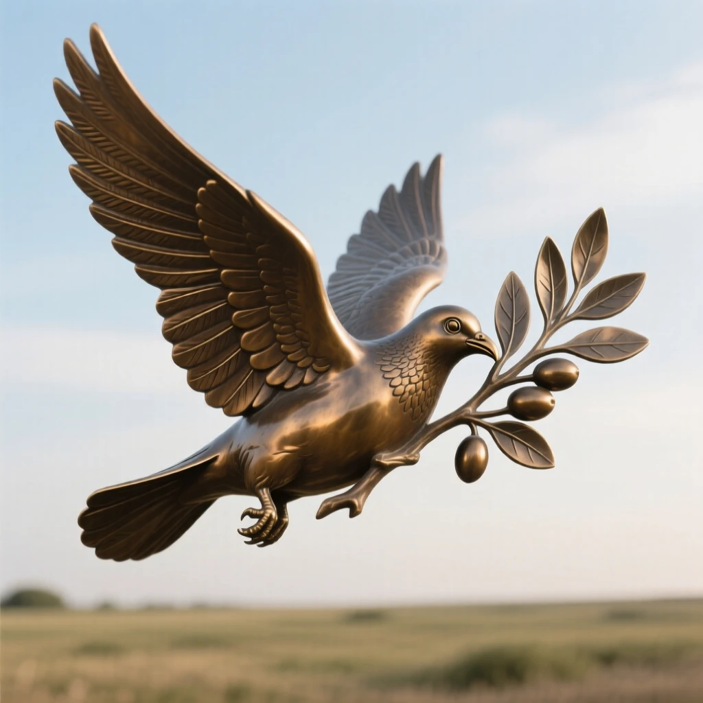 A single dove carrying an olive branch across a clearing sky, symbolizing peace, composed with striking clarity and a strong central focal point, evoking deep emotional resonance