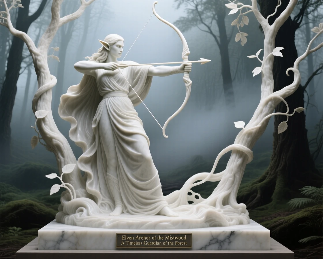 An epic scene of an elven archer aiming through a misty forest, cloaked in flowing fabric that ripples in the wind, evoking myth and grandeur