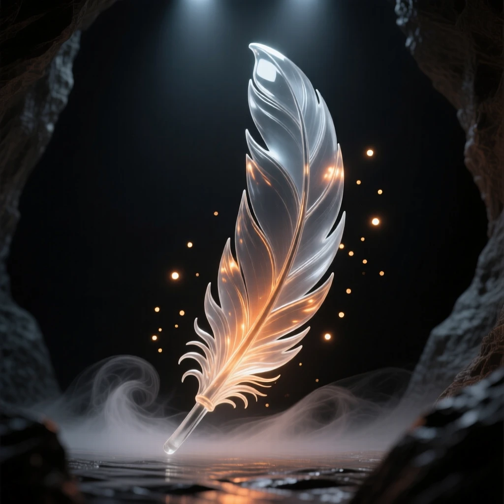 A phoenix feather glowing softly in a dark cave surrounded by softly glowing particles and gentle mist, wide cinematic composition, radiating magic and serenity.