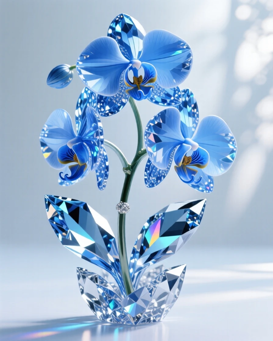 A rare blue orchid glowing softly under dappled forest canopy light.