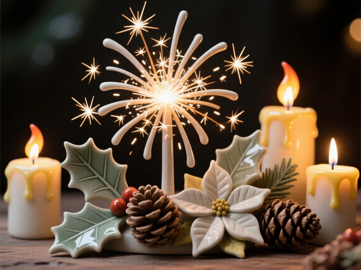 A firework burst frozen in mid-sparkle arranged among traditional seasonal motifs, surrounded by warm candlelight, evoking festive joy and warm togetherness.