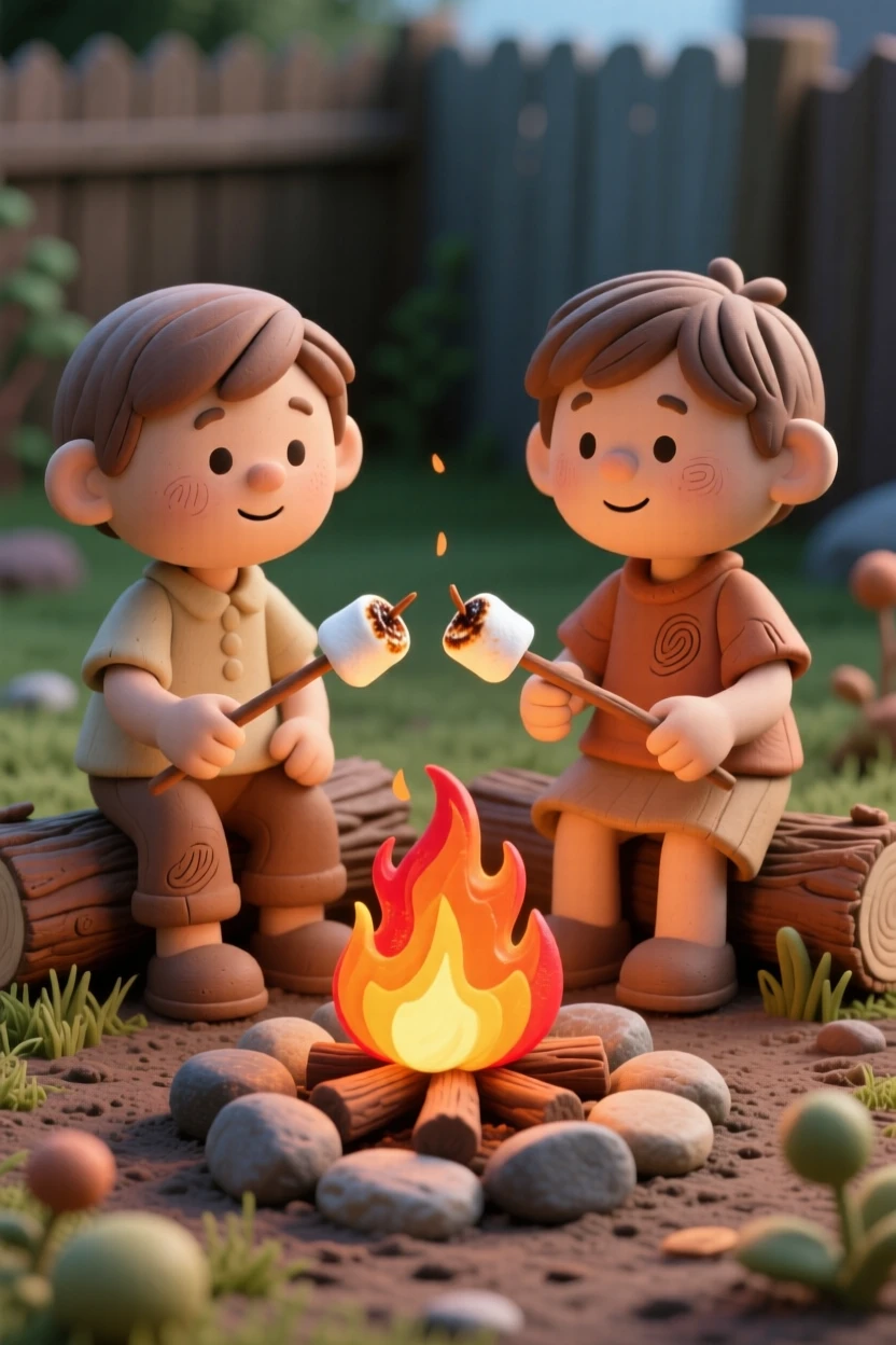 Two siblings roasting marshmallows over a backyard campfire