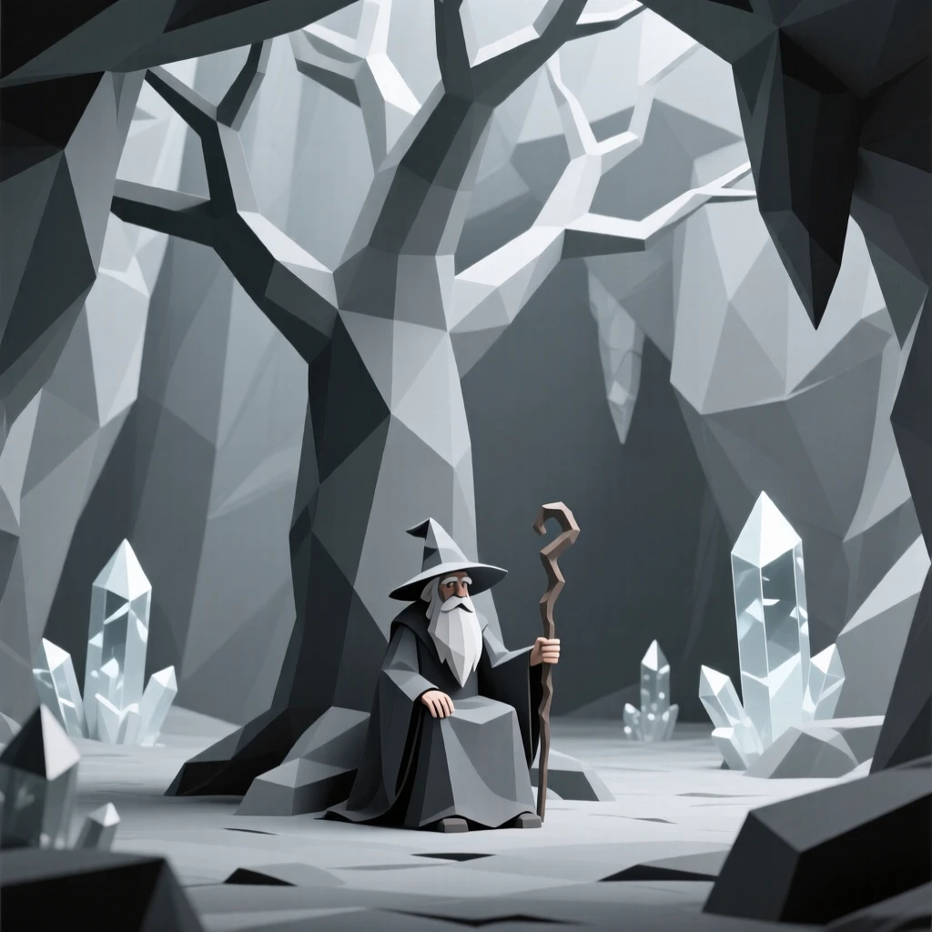 A wise old wizard reading beneath a giant tree, inside a cavern glittering with crystal light. the scale of the scene emphasizes its grandeur. There is an air of ancient mystery.