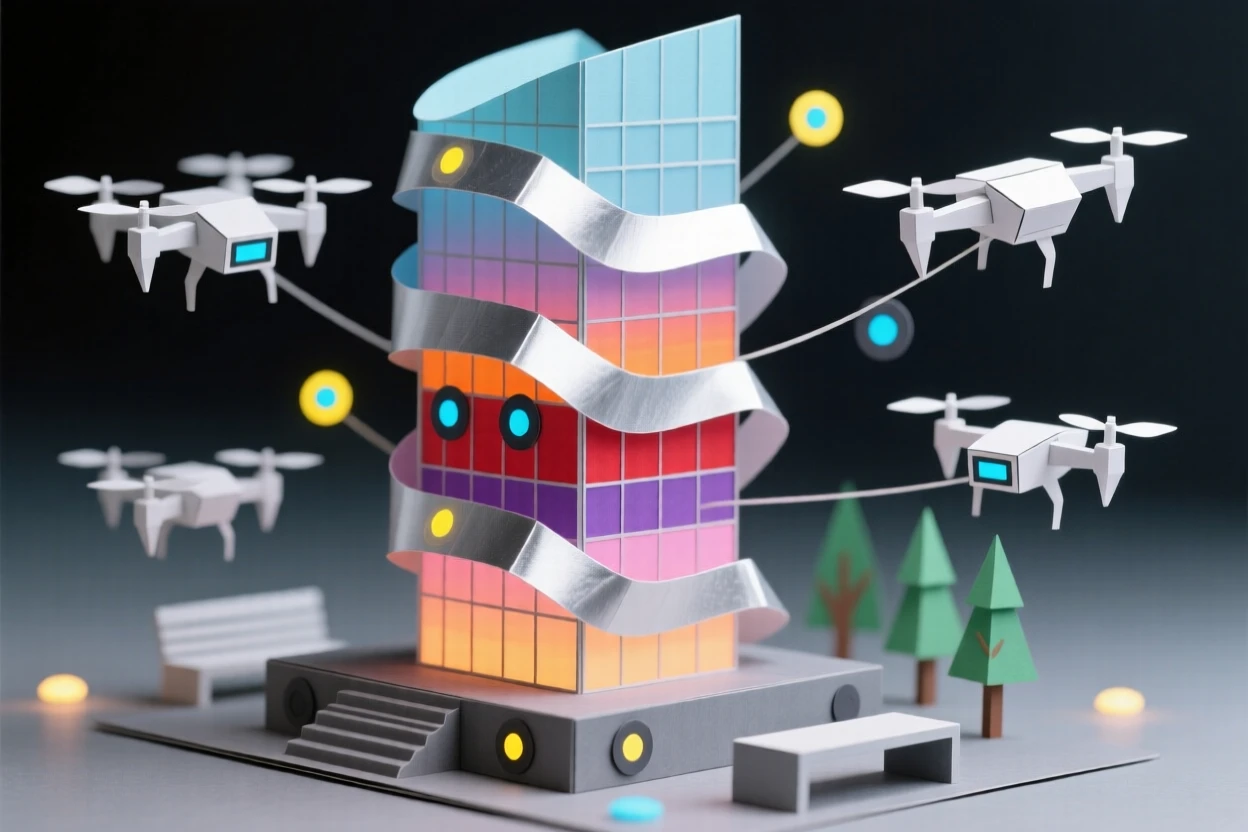 A futuristic skyscraper with curving glass facades reflecting a vibrant sunset sky, drones or lights adding a sense of advanced technology, evoking ambition and innovation.