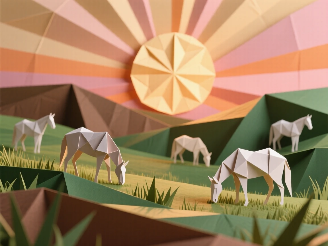 A peaceful countryside meadow with grazing horses silhouetted against a setting sun.