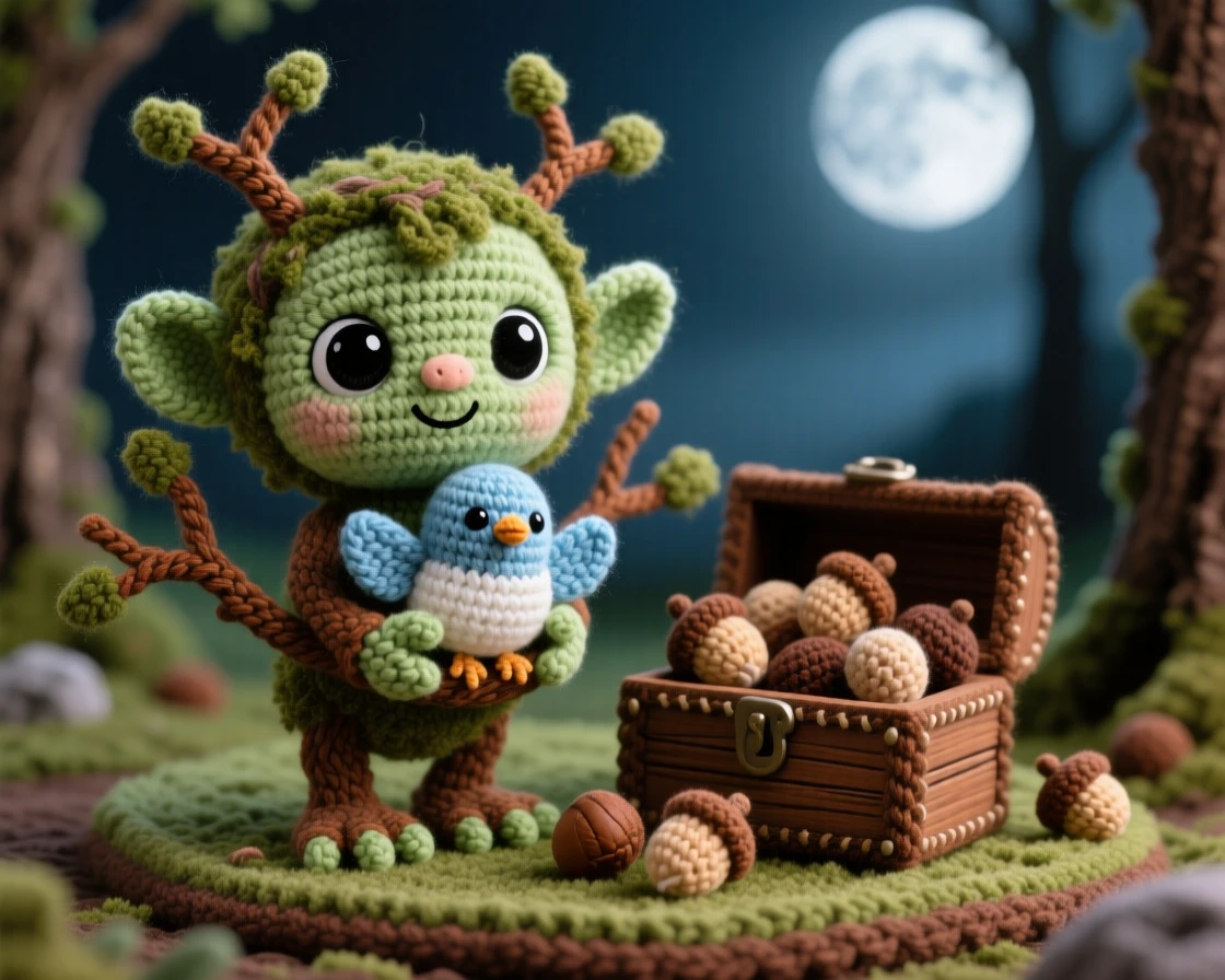 A charming portrait of a small baby ent sapling, with twig-like fingers and mossy skin, cradling a baby bird in its branches beside a small wooden chest overflowing with acorns in a moonlit clearing surrounded by ancient trees, conveying dreamy tranquility under a magical sky.
