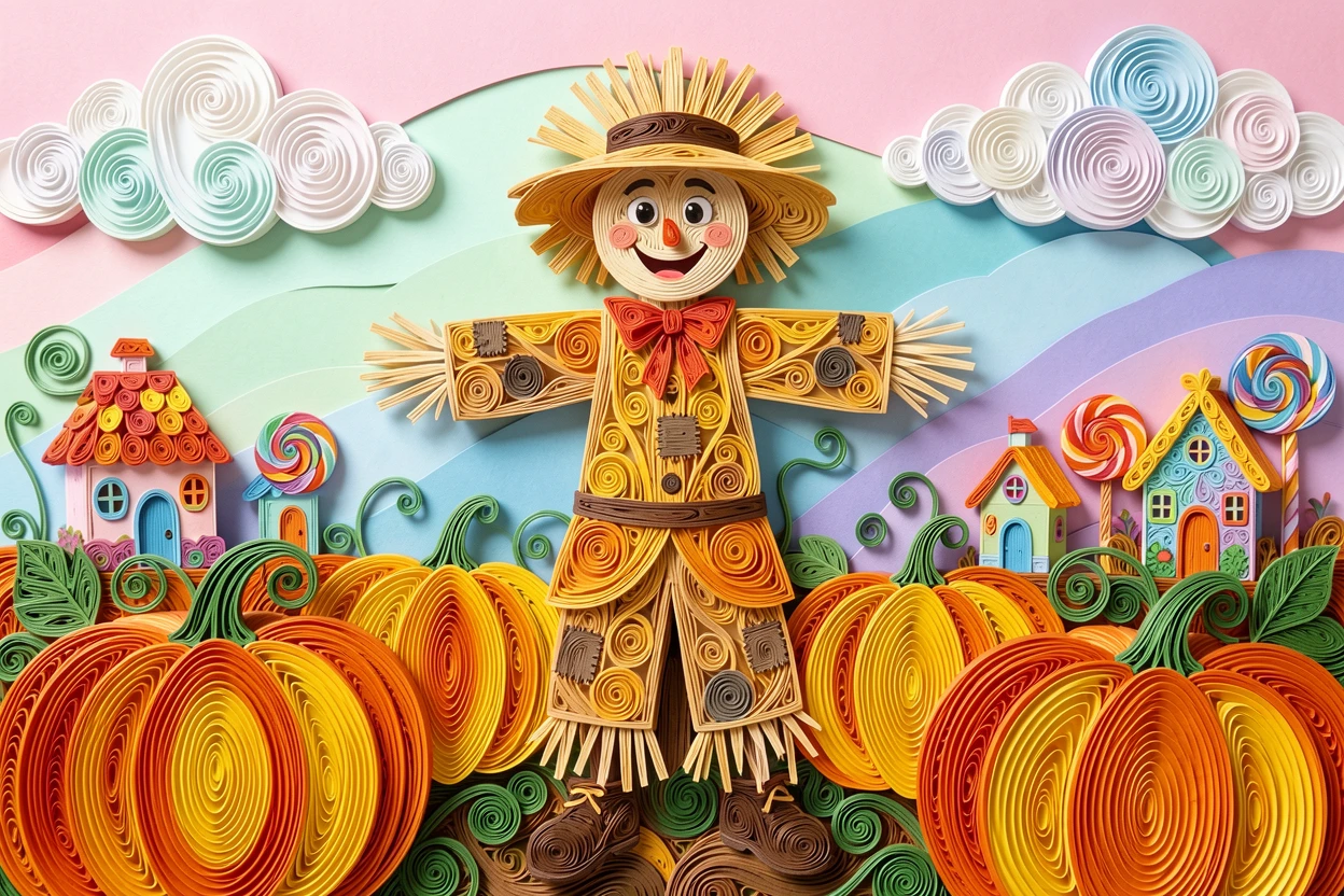 A whimsical children's scene of a friendly scarecrow standing in a pumpkin patch in a candy-colored dreamland, with soft fluffy clouds drifting by, composed with a fun, exaggerated sense of scale.