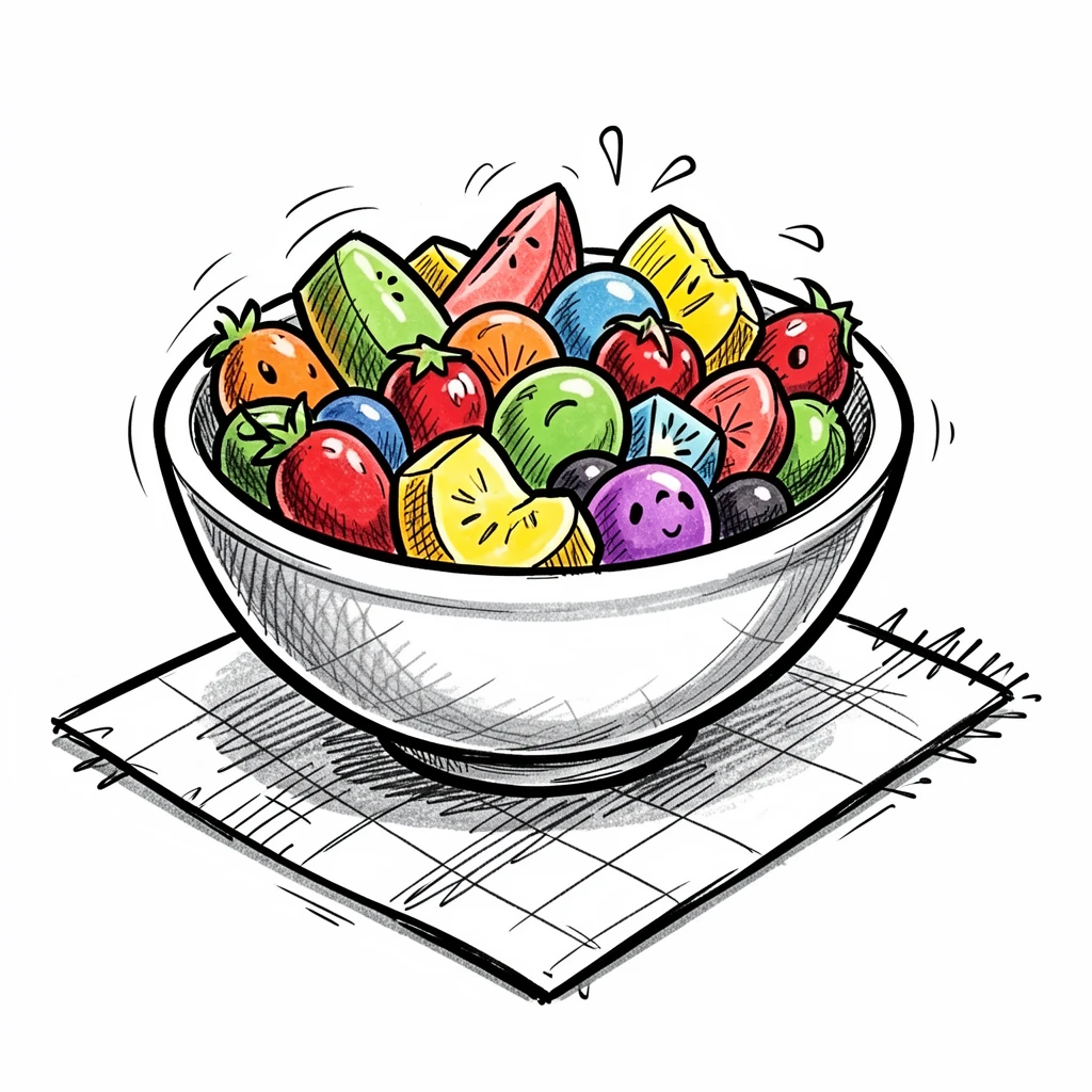 A bowl of rainbow fruit salad sitting on a picnic blanket.