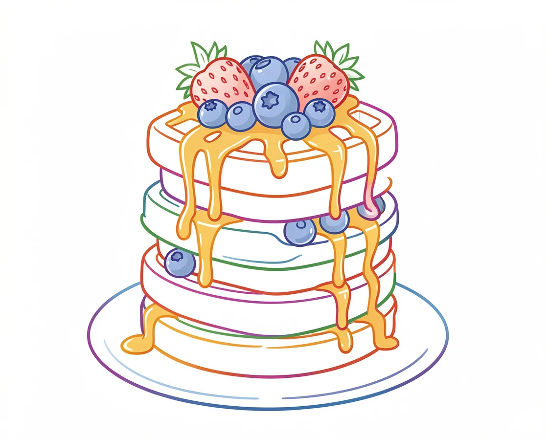 A tall stack of waffles topped with strawberries, blueberries, and maple syrup.