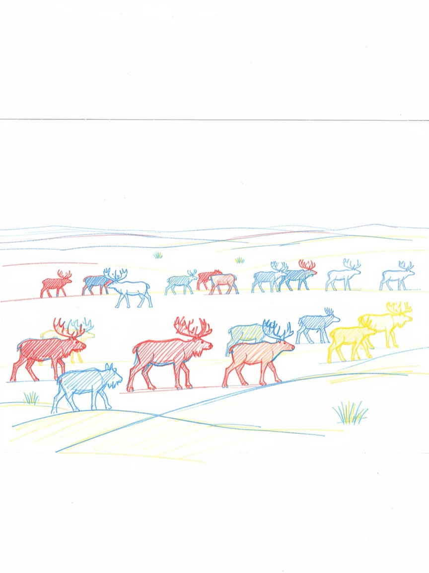 A herd of caribou migrating across a vast Arctic tundra